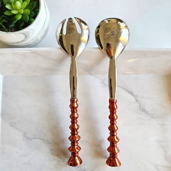 Vintage Copper Handled Metal Salad Servers, 12" Spoon Fork Salad Serving Set - Picture 6 of 13